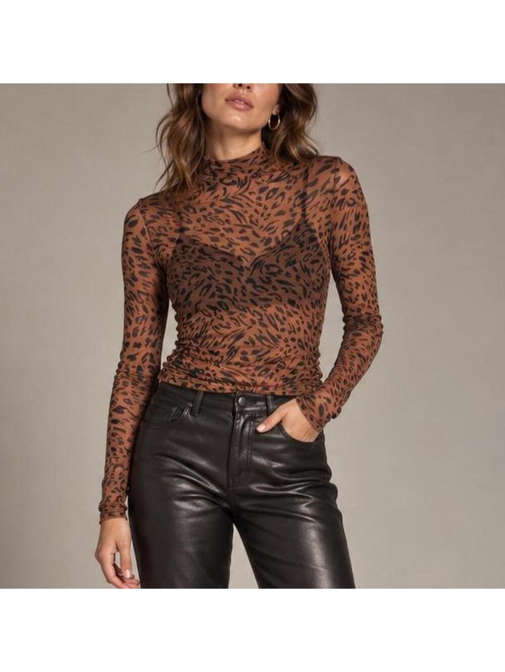 A New Day Brown Animal-Print Sheer Mesh Mock-Neck Top M